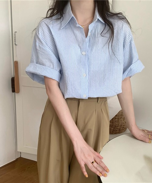 ブラウス シャツ ストライプ 半袖 ブラウス レディース Girly Doll ブラウス シャツ ストライプ半袖シャツ レディース