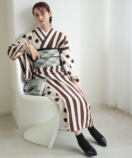 utatane 着物 着物 袷着物 半身 大粒ドットとモダン縞々 レディース