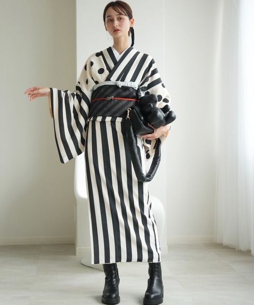 utatane 着物 着物 袷着物 半身 大粒ドットとモダン縞々 レディース