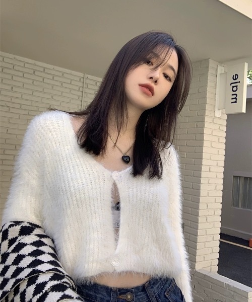 カーディガン ショート丈 モヘアタッチシャギーVネック ニット