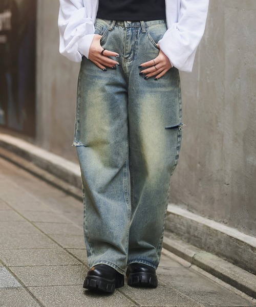SPINNS ジーンズ デニム デニムパンツ サイドカットデザイン