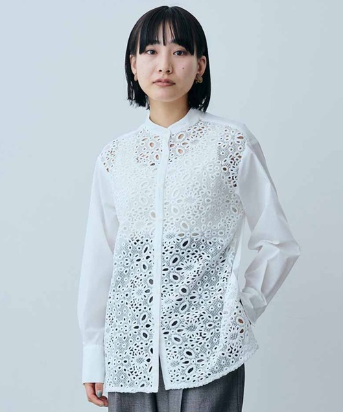 ブラウス シャツ ＭＥＤＥ１９Ｆ　バンドカラーレースコンビシャツ レディース MEDE19F ブラウス シャツ MEDE19F バンドカラーレース