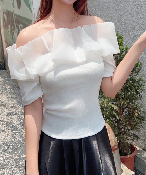 sukalaリブ素材 オフショルダー クロップドトップ グレーM sukalaリブ