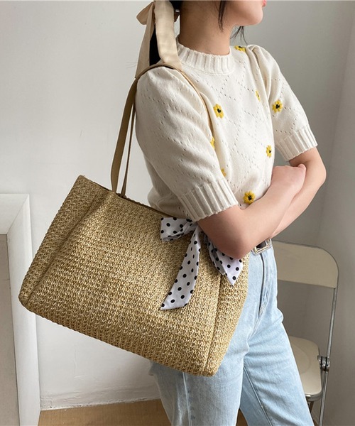 【Hobbs London】Romy フリル ラッフル ストロー トート バッグ STYLEBLOCK トートバッグ ドット柄リボン付きストローバッグ