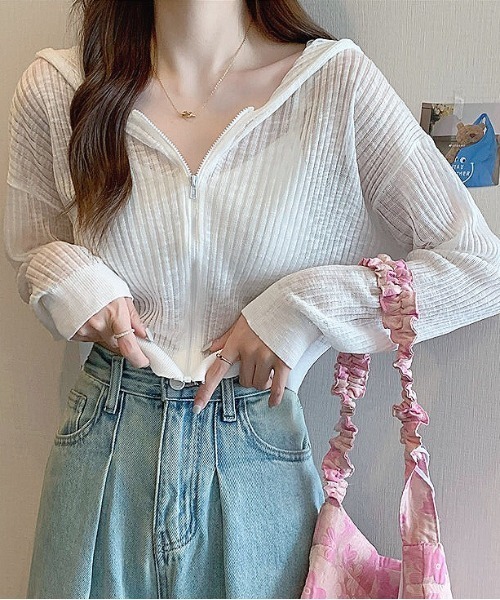 SHEENA カーディガン クロップド丈サマーニットシアーフーディー