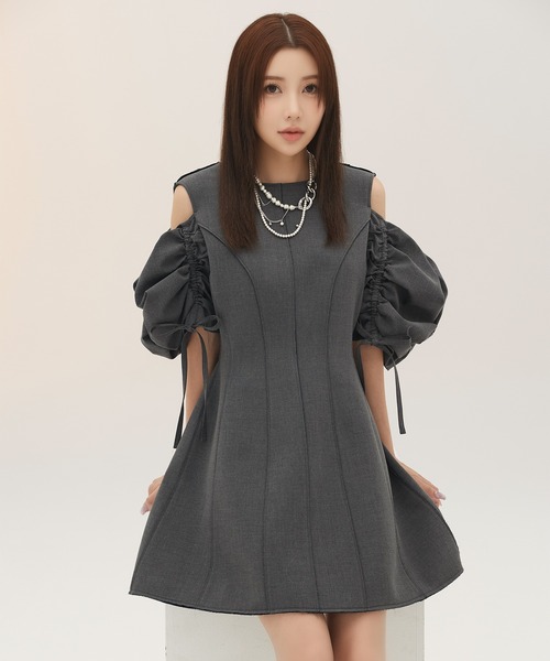 eimy istoire 新品 ギャザースリーブボンディングAラインワンピース eimy istoire ワンピース ギャザースリーブボンディングAライン