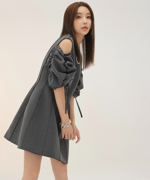 eimy istoire 新品 ギャザースリーブボンディングAラインワンピース eimy istoire ワンピース ギャザースリーブボンディングAライン