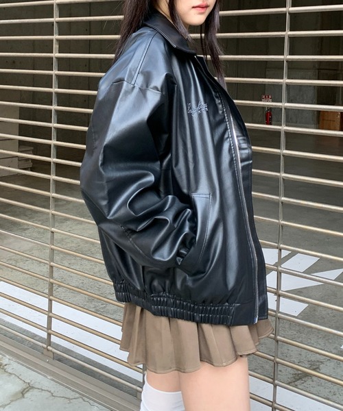 オーバーサイズ レザー y2k ブルゾン リブ ユニセックス ライダース lilful ブルゾン アウター ストリート Y2Kデザイン ダブルジップ