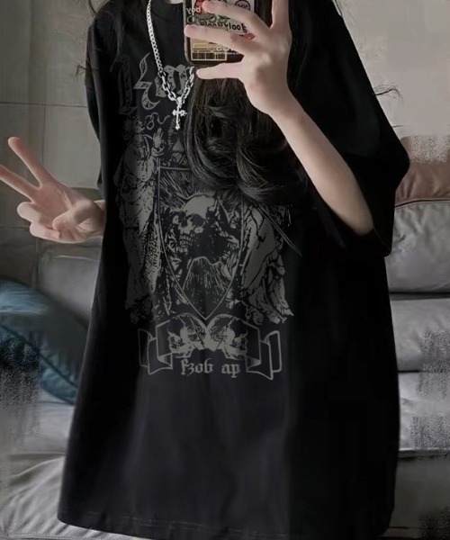 グレー×スカルプリントTシャツ パンクストリート風　ドクロ DEVICE tシャツ ダーク ドクロ グラフィック ヴィンテージ
