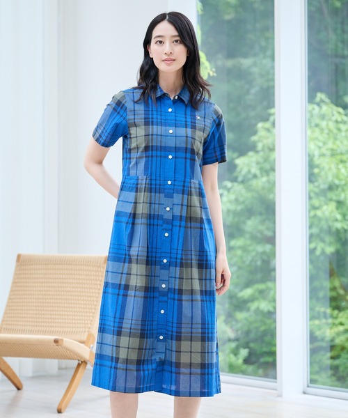 麻混ブルーチェック柄半袖ワンピース　t.bサイズ 38 マツオインターナショナル Wide丸衿タブ半袖ワンピース タータンチェック/エバーグリーン 61OP03