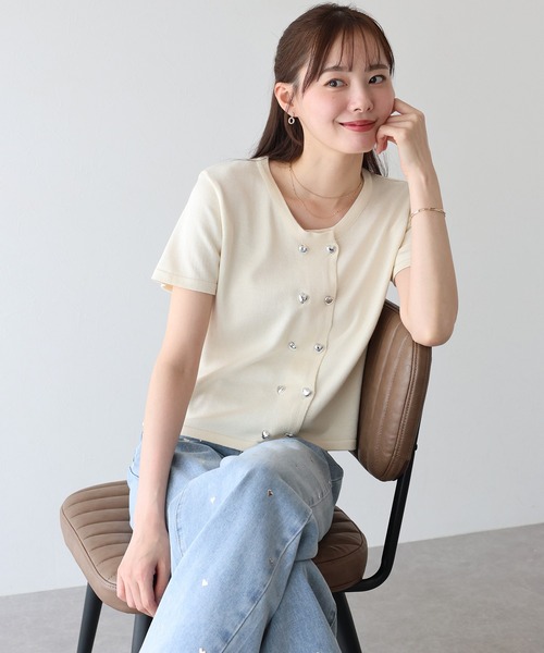 BLUEEAST カーディガン ハートボタン半袖カーディガン
