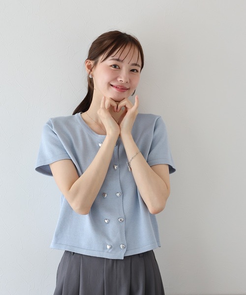 BLUEEAST カーディガン ハートボタン半袖カーディガン