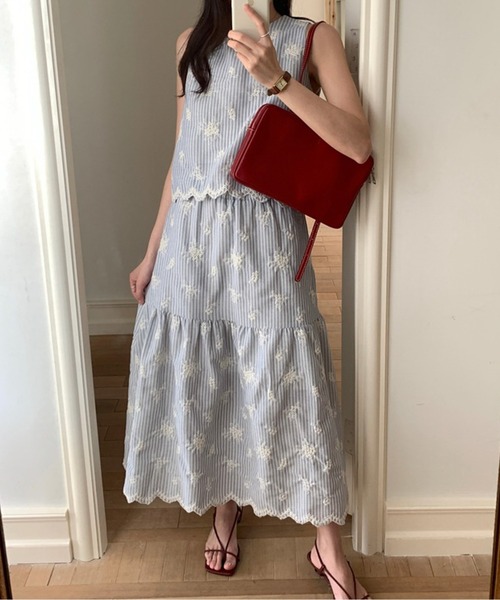 ストライプ刺繍セットアップ レディース