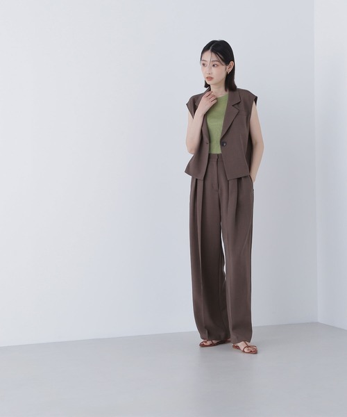 【Natural Beauty Basic】スーツセットアップ パウダリーツイルセットアップシリーズ ノーカラージャケット