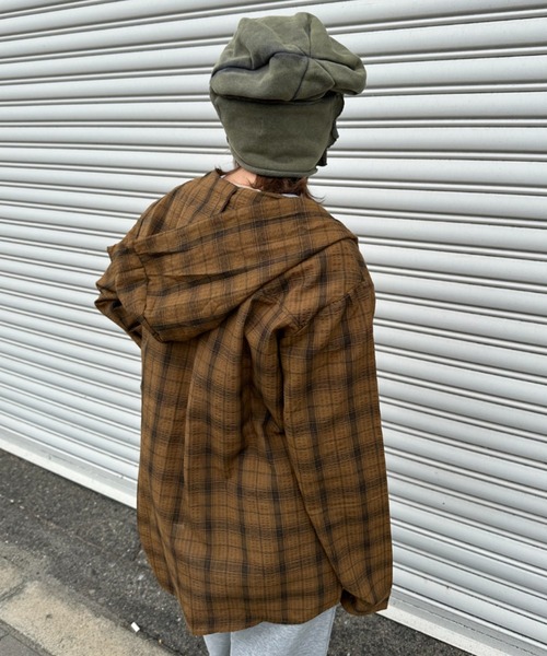 CELENA BEATS シャツ フード付き オーバーサイズ チェック シャツ