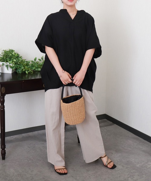 ブラウス シャツ 「抗菌・UVカット・吸水速乾」「やわさらリネン」バンドカラーシャツ レディース