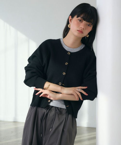 ELLE girl ニット　カーディガン　スウェット　ブラック　黒　パイピング カーディガン トグル釦デザインカーディガン「ELLEgirl/エルガール