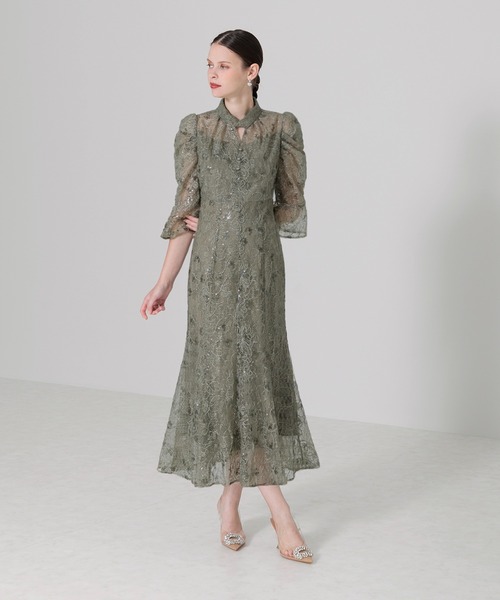 leja グレー レース襟 七分袖 ひざ丈ワンピース leja グレー レース襟 七分袖 ひざ丈ワンピース leja グレー レース襟 七分