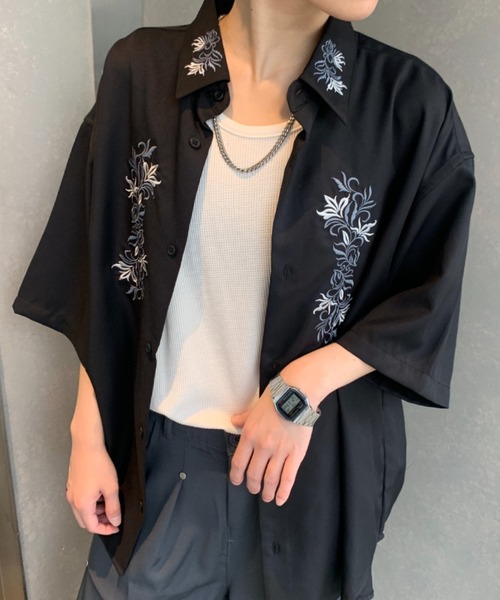 link lot シャツ 半袖 花柄刺繍入り半袖シャツ メンズ レディース