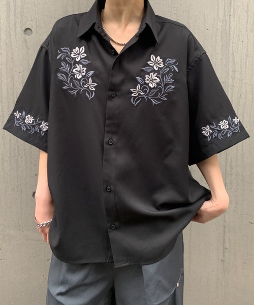 link lot シャツ 半袖 花柄刺繍入り半袖シャツ メンズ レディース