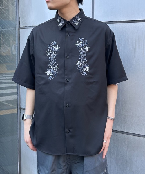 link lot シャツ 半袖 花柄刺繍入り半袖シャツ メンズ レディース