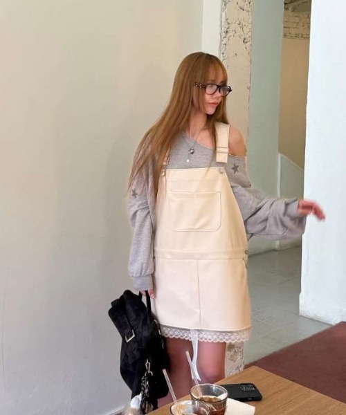 Aelina ワンピース レースパッチワークフェイクレザーサロペット 