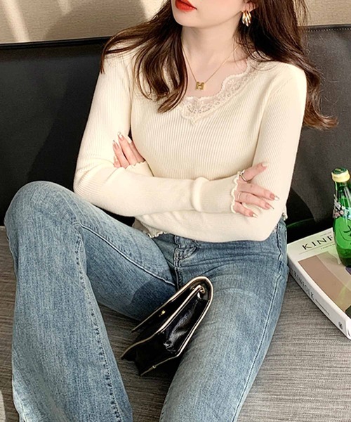 frunco tシャツ レース付きVネックリブトップス レディース