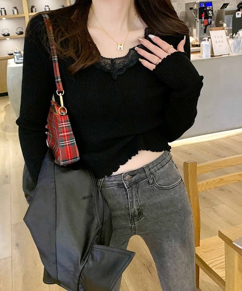 tシャツ Vネックレースヘムリブトップス レディース frunco tシャツ レース付きVネックリブトップス レディース