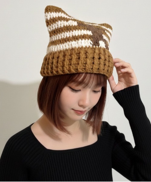 Anthe（アンテ） ニット帽 ニットキャップ 「Anthe」星柄ボーダー猫耳