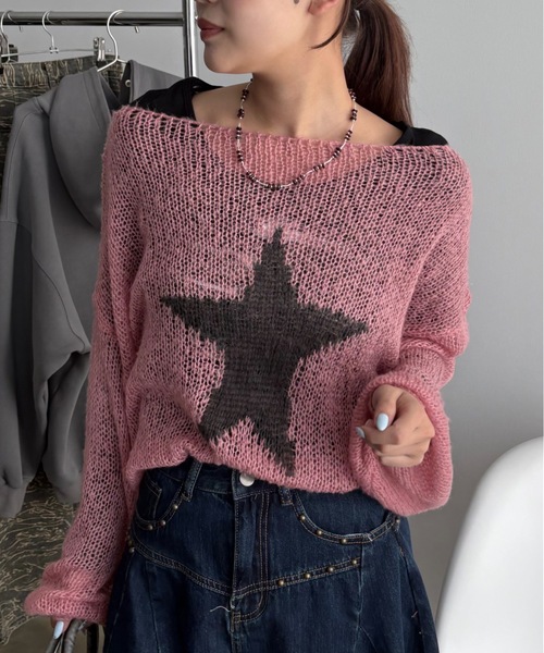 SHAGGIE ニット セーター スター柄シアールーズオフショル