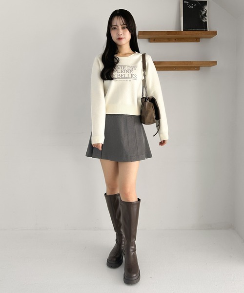 【KIMHEKIM】ベルト付きミニスカート（グレー） プリーツスカート ミニ丈 ベルト付き[品番：II000012355