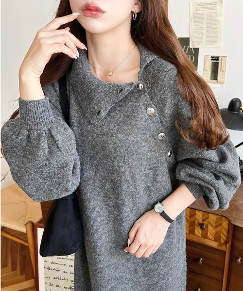 moment+ ワンピース ハイネック金ボタンニットワンピース : ZOZOTOWN