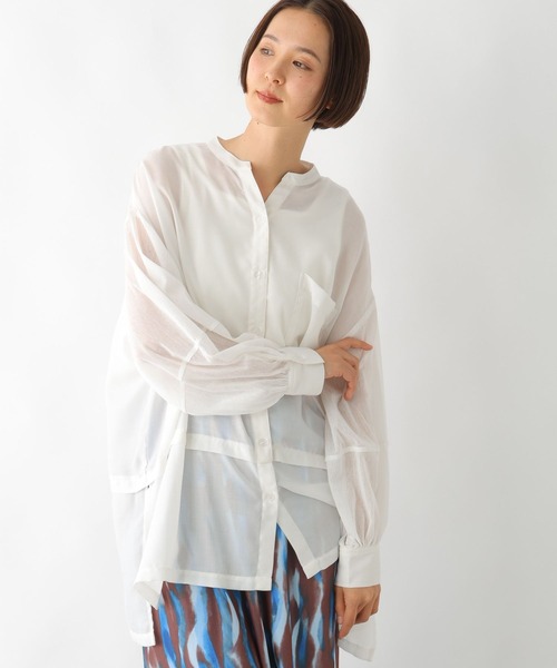 美品⁂センソユニコ⁂ロングシャツ　チュニック　羽織　異素材切替　レース　麻混　M 美品⁂センソユニコ⁂ロングシャツ チュニック 羽織 異素材切替