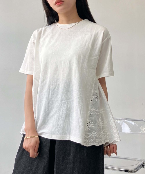 tシャツ 「LADIES」異素材切替半袖プルオーバー レディース uricca Tシャツ レディース トップス 半袖 春 夏 黒 白 おしゃれ