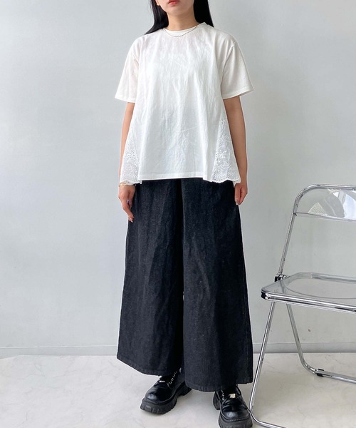 tシャツ 「LADIES」異素材切替半袖プルオーバー レディース uricca Tシャツ レディース トップス 半袖 春 夏 黒 白 おしゃれ