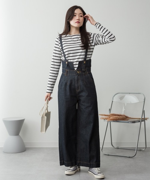 ヘルシーデニム サスペンダー付きワイドデニムパンツ サロペット デニムサロペット レディース 春秋 オーバーオール デニムパンツ