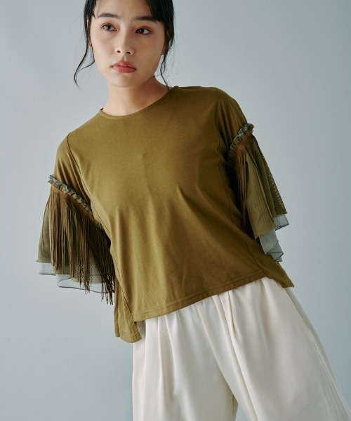 tシャツ フリンジバリアスパターンスリーブプルオーバー レディース