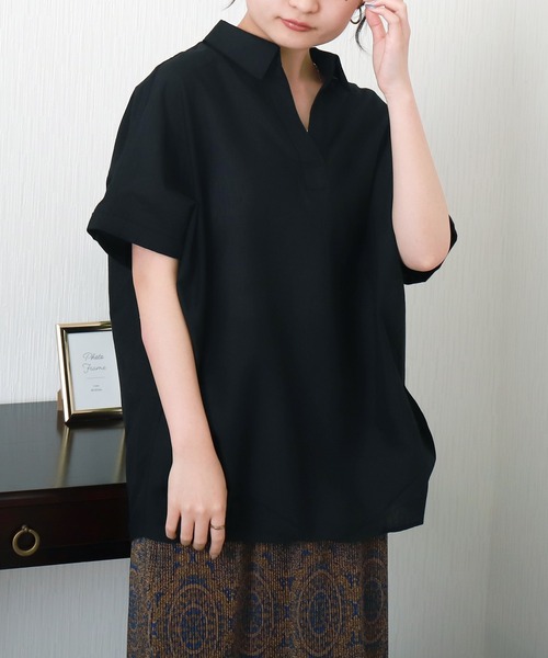 ブラウス シャツ 「抗菌・UVカット・吸水速乾」「やわさらリネン」スキッパーシャツ レディース