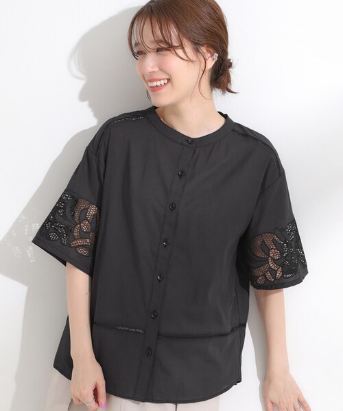 ブラウス シャツ ニットサッカーシャツライクカットソー レディース 洗える】サッカードット5分袖ブラウス（SX～L）（シャツ