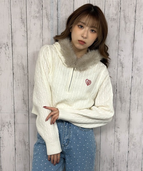 ニット セーター 「ケーブル編み×ファーフード」ハーフZIPニットプル
