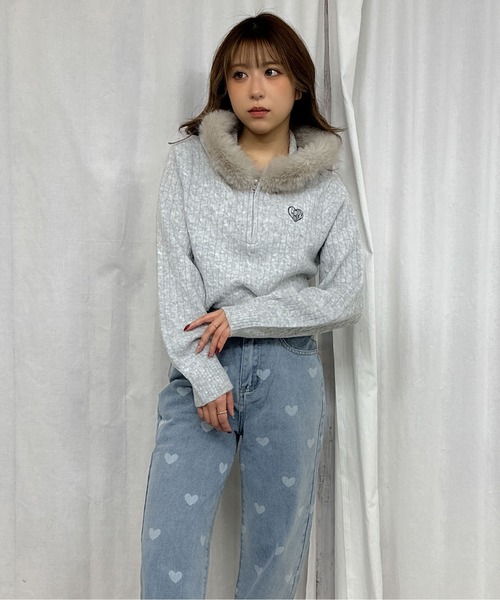 ニット セーター 「ケーブル編み×ファーフード」ハーフZIPニットプル