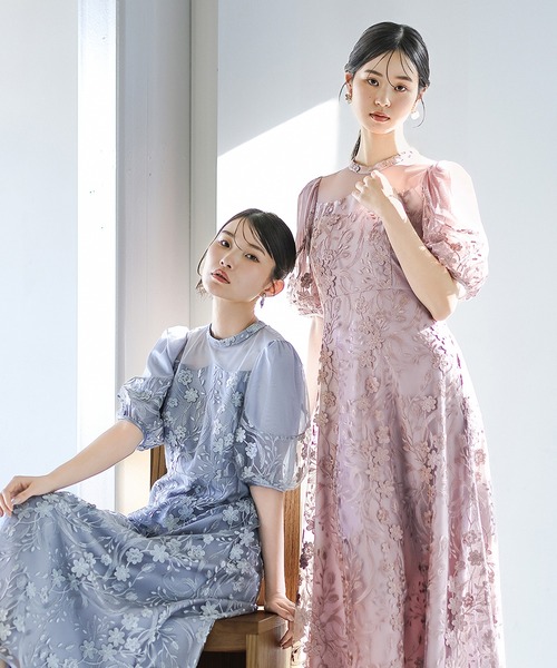 Kana ドレス 刺繍レース ウェーブデザイン チュールバルーンスリーブ A