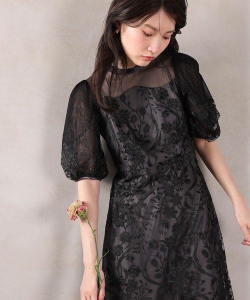 Kana ドレス 刺繍レース ウェーブデザイン チュールバルーンスリーブ A