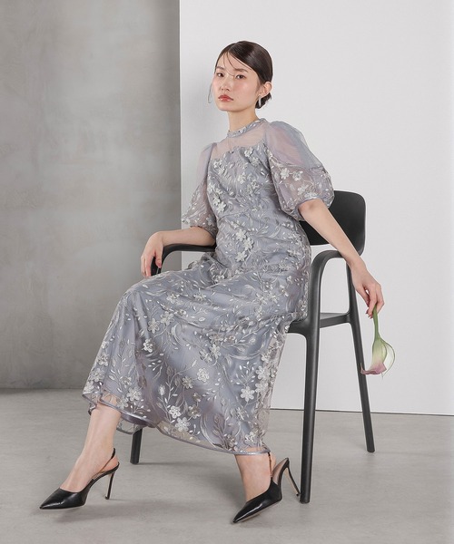 ドレス 刺繍レース ウェーブデザイン チュールバルーンスリーブ Aラインワンピースドレス パーティー 結婚式 お呼ばれ オケージョンの画像