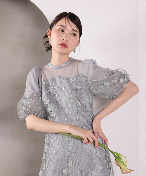 ドレス 刺繍レース ウェーブデザイン チュールバルーンスリーブ Aラインワンピースドレス パーティー 結婚式 お呼ばれ オケージョンの画像