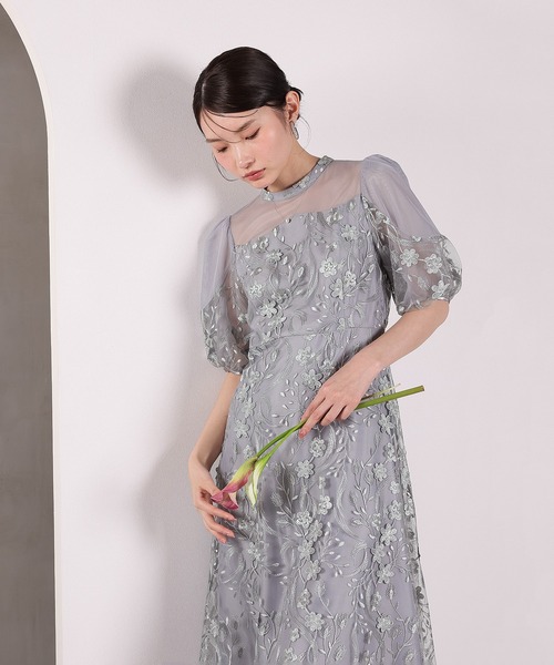 ドレス 刺繍レース ウェーブデザイン チュールバルーンスリーブ Aラインワンピースドレス パーティー 結婚式 お呼ばれ オケージョンの画像