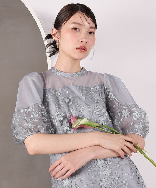 ドレス 刺繍レース ウェーブデザイン チュールバルーンスリーブ Aラインワンピースドレス パーティー 結婚式 お呼ばれ オケージョンの画像