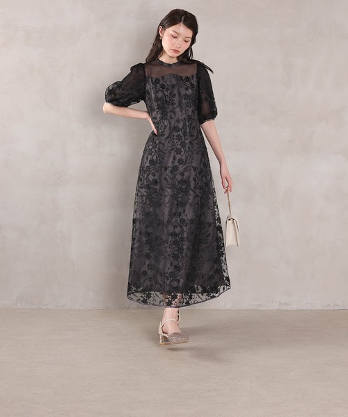ドレス 刺繍レース ウェーブデザイン チュールバルーンスリーブ Aラインワンピースドレス パーティー 結婚式 お呼ばれ オケージョンの画像