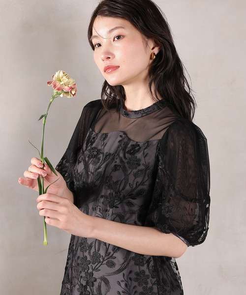 ドレス 刺繍レース ウェーブデザイン チュールバルーンスリーブ Aラインワンピースドレス パーティー 結婚式 お呼ばれ オケージョンの画像