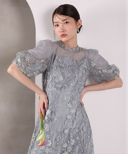 ドレス 刺繍レース ウェーブデザイン チュールバルーンスリーブ Aラインワンピースドレス パーティー 結婚式 お呼ばれ オケージョンの画像